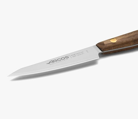 Arcos Paring Knife 4 Inch Stainless Steel. Professional Kitchen Knife for Peeling Fruits and Vegetables. Ovengkol Wood Handle 100% natural FSC and 100mm Blade. Series Nordika. Color Brown