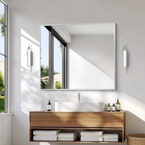 BONEWEI Silver Bathroom Mirror,30x36 inch Wall Mirror for Bathroom Wall Mounted,Rectangle Mirror for Bathroom Over Sink,Modern Metal Frame for Living Room,Bedroom Entryway,Horizontal/Vertical
