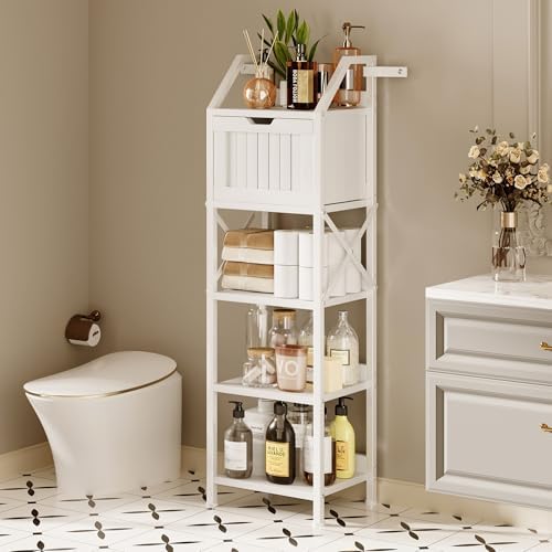 Homeiju 5-Tier Bathroom Storage Organizer Rack with Wood Drawer