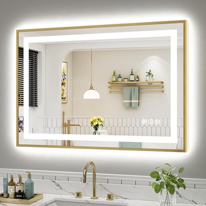 44x30 Inch LED Bathroom Mirror with Gold Frame, Backlit & Front Lit