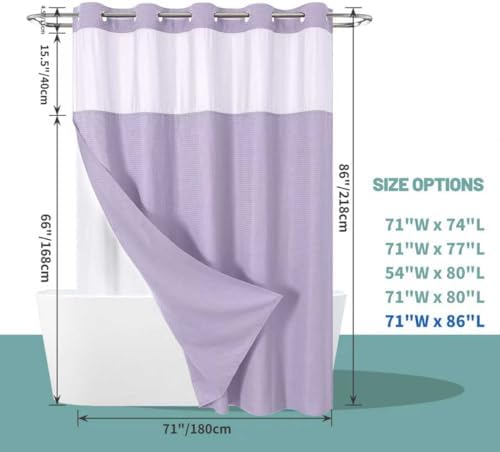 eachope No Hook Long Waffle Shower Curtain, Snap-in Liner,71x86 in,Lavender