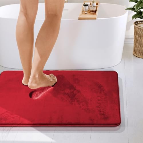 Clara Clark Bathroom Rugs, Velvet Memory Foam Bath Mat, Non-Slip Bath Rugs, Machine Wash, Dries Quickly, Ultra Soft Plush Bath Mats for Bathroom, 24 x 36, Red