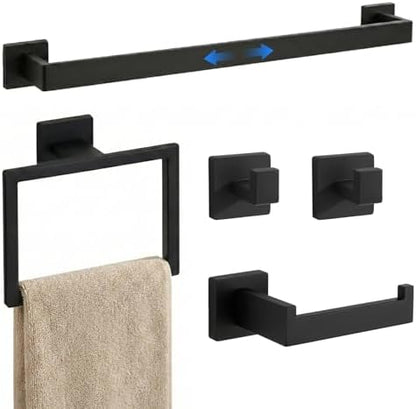 5-Pieces Matte Black Bathroom Accessories Set, 24 Inch Bath Towel Bar Set, SUS 304 Stainless Steel Bathroom Hardware Set, Towel Racks for Bathroom Wall Mounted
