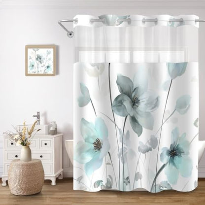 No Hook Shower Curtain and Liner Set, Teal Blue Boho Floral 71x74