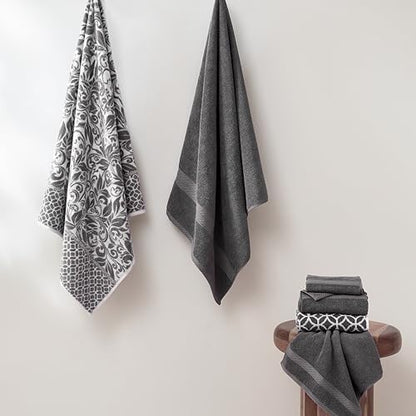 Modern Threads 6 Piece Bath Towel Set – Bathroom Set with 2 Bath Towels, 2 Hand Towels, and 2 Wash Cloths – 100% Cotton, Super Absorbent & Extra Soft – Reversible Botanical Vine (Gray)