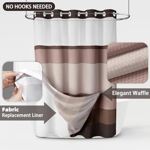 No Hook Shower Curtain with Liner Set Hotel Waffle Brown Striped 72W X 75L