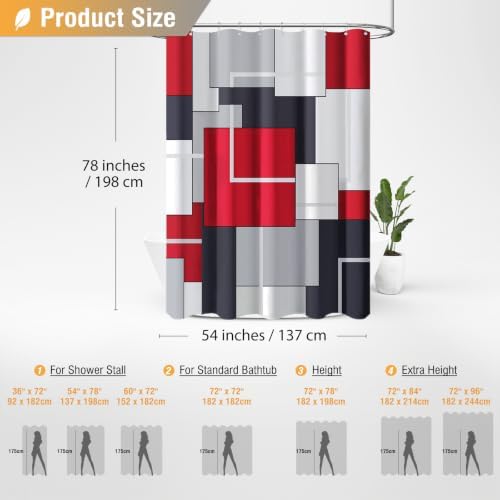 BTTN 54x78 Stall Modern Geometric Waterproof Fabric Shower Curtain Set, Red