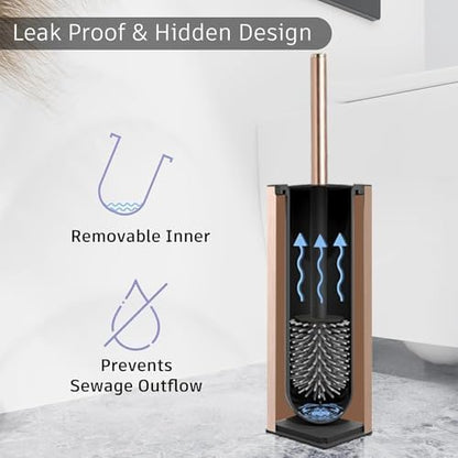 BGL Standing Toilet Brush and Holder Rose Gold Aluminium Toilet Bowl Cleaner Brush and Holder for Bathroom Storage and Organization, Square Design Sturdy and Space Saving