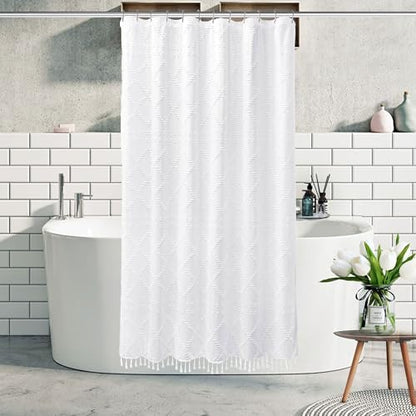 Stall Boho White Woven Fabric Shower Curtain with Tassels 42 x 72 Modern Farmhouse Minimalist Tufted Chevron Striped Shabby Chic Textured, Water Resistant Curtain for Bathroom, Hotel Decor