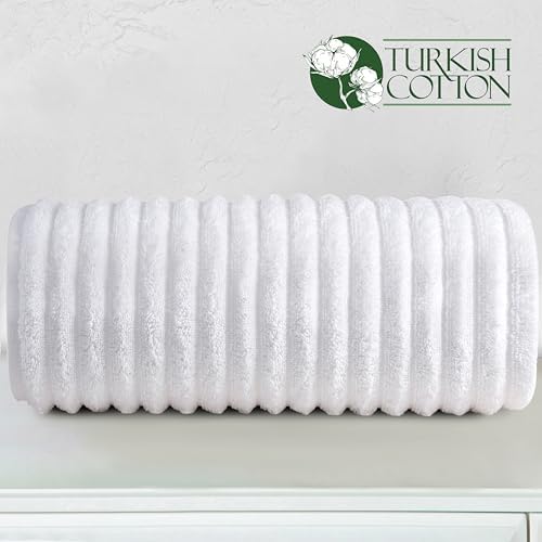 Elegant Comfort 100% Turkish Cotton Corduroy Ribbed Luxury Jumbo Bath Towel Ultra Soft - 35 x 70 Inch - Luxury Spa Premium Hotel Quality Highly Absorbent and Quick Dry Large Bath Towel, White