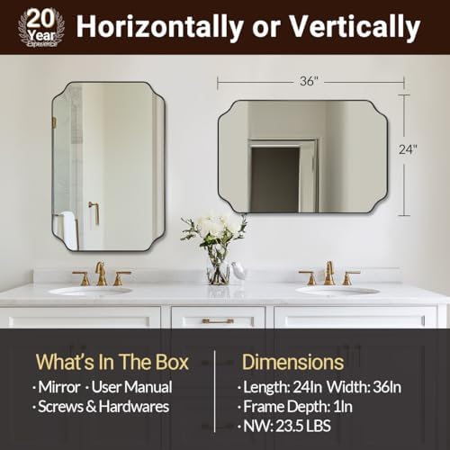 ANDY STAR Bathroom Vanity Mirror, 24x36 Inch Matte Black Mirror, Modern Rectangle Mirrors for Bathroom, Asymmetrical Wall Mirror with Scalloped Round Corner