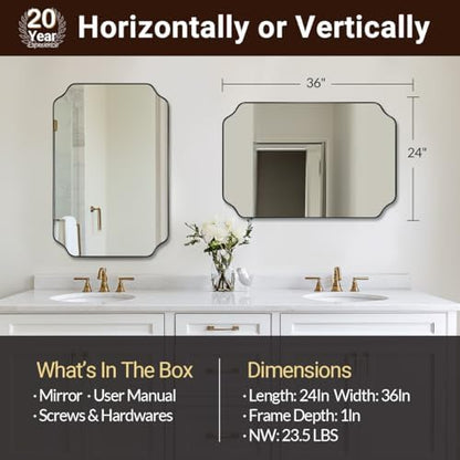 ANDY STAR Bathroom Vanity Mirror, 24x36 Inch Matte Black Mirror, Modern Rectangle Mirrors for Bathroom, Asymmetrical Wall Mirror with Scalloped Round Corner