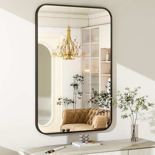 Easly 30 x 40 Inch Bathroom Mirror, Rounded Rectangular Vanity Mirror for Wall, Modern Mirror for Room Decor, Black Framed Wall-Mounted Mirrors for Home Decor, Hangs Horizontally or Vertically
