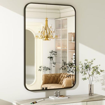 Easly 30 x 40 Inch Bathroom Mirror, Rounded Rectangular Vanity Mirror for Wall, Modern Mirror for Room Decor, Black Framed Wall-Mounted Mirrors for Home Decor, Hangs Horizontally or Vertically