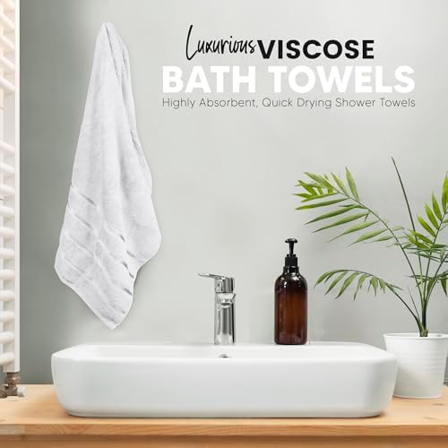 Luxury Bath Towels Set of 4, 27x54 Inches 600GSM 100% Cotton Ring Spun – Hotel Quality, Highly Absorbent - Viscose Stripe Bath Towel Sets (White)