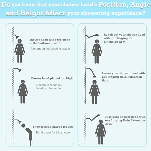 15 Inch Extra Long Adjustable Shower Head Extension Arm With Locking Set Screw, Singing Rain 304 Stainless Steel Angle Height Adjustable, Easy Install, G1/2 Universal Connector Compatible (Matt Black)