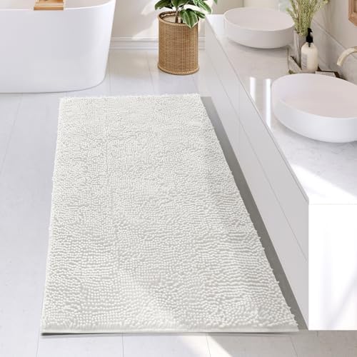 Hearth & Harbor Bathroom Rugs, Chenille Bath Mat - Machine Washable Bath Mats for Bathroom Non-Slip Backing Rubber, Quick Dry Bathroom Mat - Off-White Bath Rug, 26x44