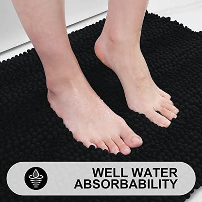 Grandaily Chenille Striped Bathroom Rugs 59x35, Extra Thick and Absorbent Bath Mats, Non-Slip Soft Plush Shaggy Shower Carpet, Machine Wash Dry, Bath Rug for Bathroom, Black