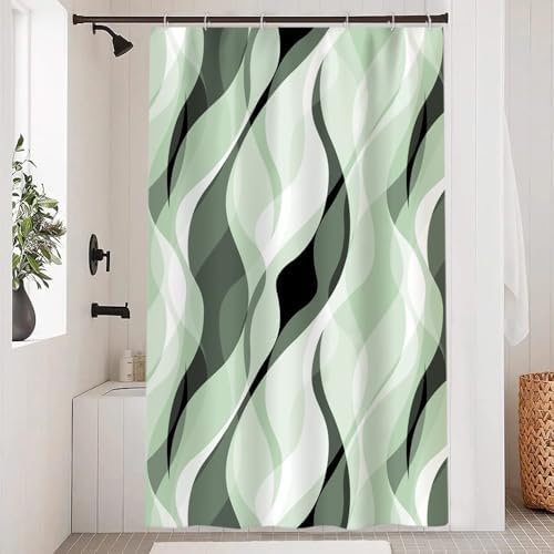 Green Striped Stall Shower Curtain with Hooks, 48x72 Inch