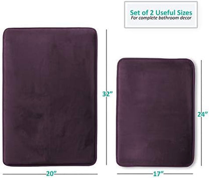 Clara Clark 2 Piece Bathroom Rugs Bath Mat Set, Velvet Memory Foam Bath Mats for Bathroom - Non-Slip, PVC Backing Bath Rugs, Washable - Dries Quickly, Purple