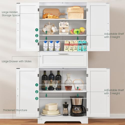 Iwell 67" Tall Storage Cabinet with Adjustable Shelf & 1 Large Drawer, Pantry Cabinet with 4 Doors, Kitchen Cabinets for Dining Room, Living Room, Home Office, White