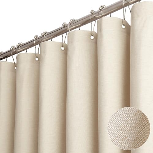 BTTN 108x72 Linen Textured Waterproof Cloth Shower Curtain Set, Beige/Cream