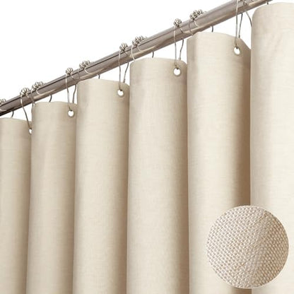 BTTN 108x72 Linen Textured Waterproof Cloth Shower Curtain Set, Beige/Cream