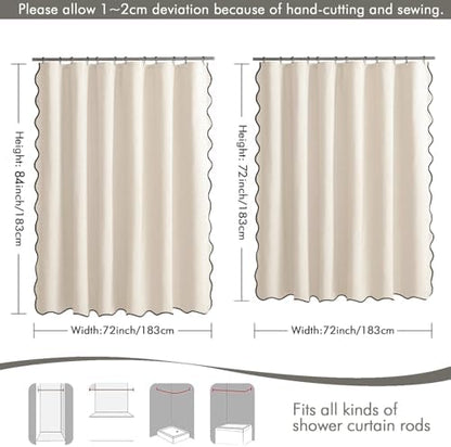 MIULEE 72"x84" Extra Long Scalloped Linen Shower Curtain Cream White