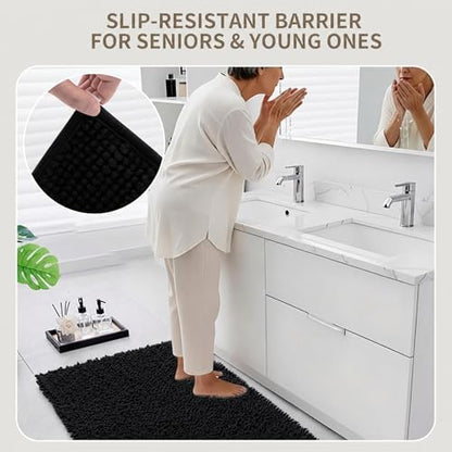 Bathroom Rugs Non Slip Washable 60x24, Extra Thick Soft Chenille Absorbent Bath Mat, High Density Barrier Non Slip Backing, Quick Dry Plush Shaggy Floor Carpet for Tub&Shower, Black