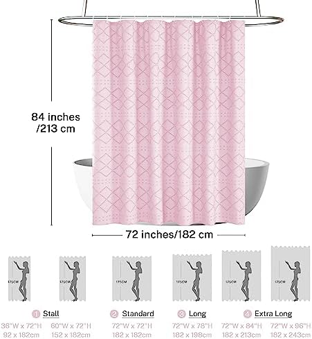 Siiluminisoy Extra Long Pink Boho Shower Curtain Woven Fabric Cute 84 Inch Shower Curtain, 72 x 84 Tufted Chevron Textured Striped Modern Farmhouse Minimalist Cloth Shower Curtain for Bathroom