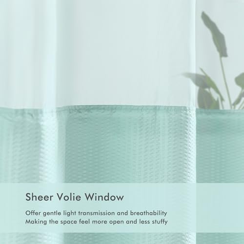 Mrs Awesome No Hook Shower Curtain with Snap-in Liner, Embossed Waffle Design Fabric Shower Curtain for Bathroom, Soft & Lightweight, 71x74, Sky Blue