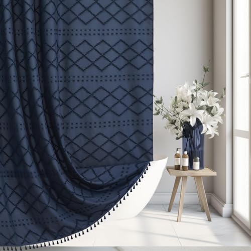 Siiluminisoy Extra Long Boho Shower Curtain with Tassels 72 x 90, Navy Blue