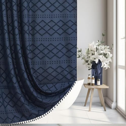 Siiluminisoy Extra Long Boho Shower Curtain with Tassels 72 x 90, Navy Blue
