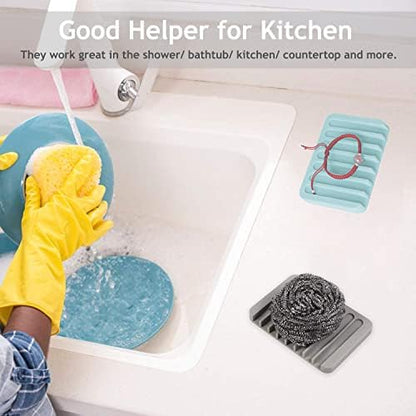 Self Draining Soap Dishes, 4 Pcs Silicone Soap Saver, Waterfall Drainer Soap Holder for Bathroom, Extend Soap Life, Keep Soap Bars Dry Clean & Easy Cleaning (White & Grey)