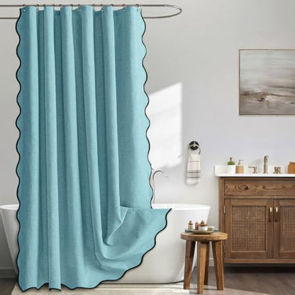 MIULEE Teal Scalloped Linen Shower Curtain 72x72 Inches