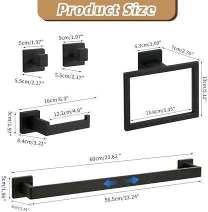 5-Pieces Matte Black Bathroom Accessories Set, 24 Inch Bath Towel Bar Set, SUS 304 Stainless Steel Bathroom Hardware Set, Towel Racks for Bathroom Wall Mounted