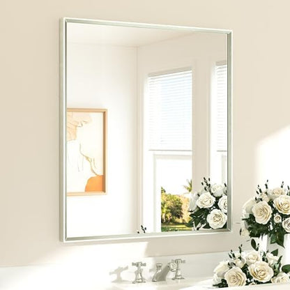 TETOTE Brushed Nickel Bathroom Mirror for Over Sink 32" x 36" Brushed Nickel Beveled Framed Rectangle Vanity Mirror for Bathroom, Bedroom, Entryway, Living Room, Tempered Glass, Stronger Frame