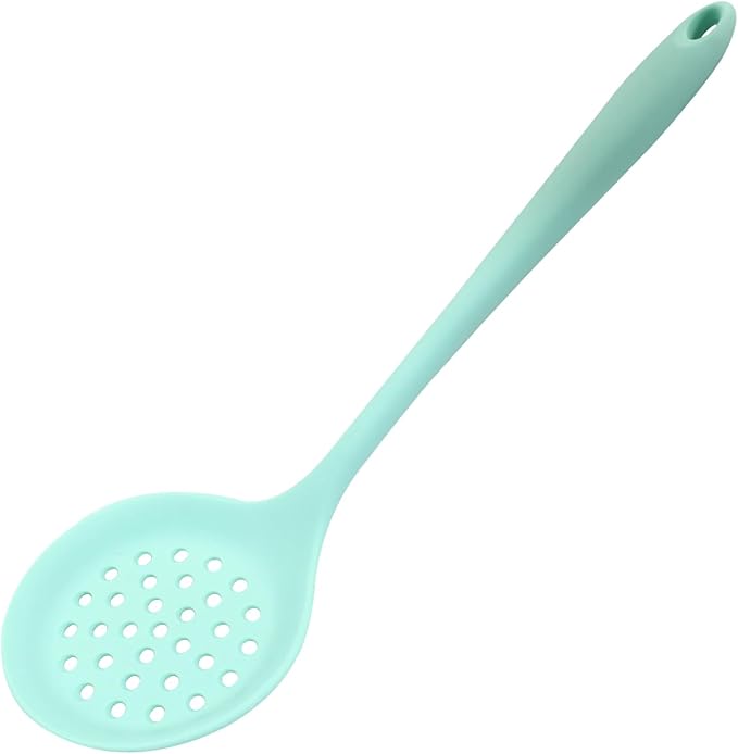 Hordion 1 Pcs Silicone Slotted Spoon, Green Strainer Spoon Non Stick Silicone Skimmer Heat Resistant Cooking Spoon