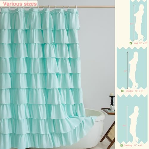 Teal Ruffle Shower Curtain for Bathroom, 36 x 72 Inch, 1 Panel