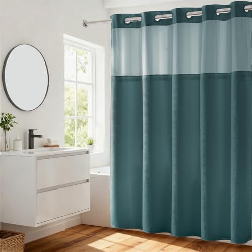 River Dream Heavyweight Waffle No Hook Shower Curtain with Liner,Teal,71x74
