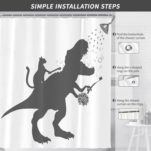 Funny Dino Dinosaur Cat Kids Boy Fun Shower Curtain for Bathroom 72W*72H Inch Trex Raptor Silhouette Bathing Cartoon Animal Shadow Bathtub Decor Teen Cute Waterproof Polyester Fabric Set with 12 Hooks
