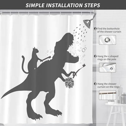 Funny Dino Dinosaur Cat Kids Boy Fun Shower Curtain for Bathroom 72W*72H Inch Trex Raptor Silhouette Bathing Cartoon Animal Shadow Bathtub Decor Teen Cute Waterproof Polyester Fabric Set with 12 Hooks