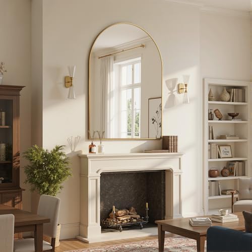 Antok Arched Bathroom Mirror, 30"x40" Wall Mounted Mirror, Vanity Mirrors for Over Sink, Aluminum Alloy Frame Bathroom Mirrors Living Room, Bedroom and Entryway, Gold