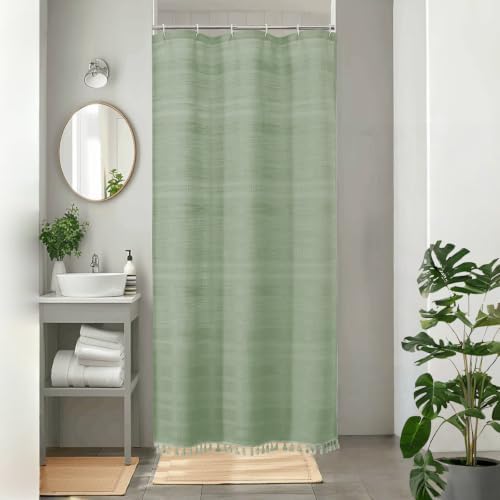 OVZME Small Stall Shower Curtain - Linen Textured Bathroom Curtain with Boho Tassel, Heavy Duty Farmhouse Bath Decor for RV Camper, Machine Washable, 36Wx72L Inches, Light Green