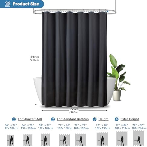 1 Pack Water-Repellent Fabric Shower Curtain Liner, 72x84 Black