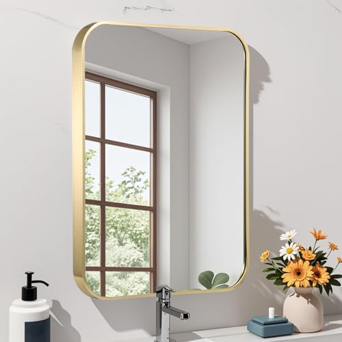 22x30 Inch Gold Bathroom Mirror, Brushed Brass Gold Metal Framed Rectangular Mirror with Rounded Corner, Bathroom Vanity Mirror for Bedroom or Living Room, Horizontal/Vertical