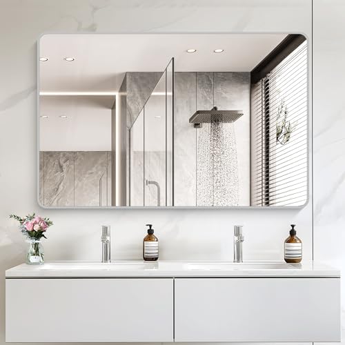 55x36 Inch Silver Bathroom Mirror, Large Rectangular Vanity Mirror, Metal Framed Rectangle Mirror, Rounded Corner Wall Mounted Mirrors for Living Room Bedroom Entryway Horizontal or Vertical