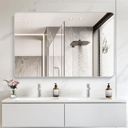 55x36 Inch Silver Bathroom Mirror, Large Rectangular Vanity Mirror, Metal Framed Rectangle Mirror, Rounded Corner Wall Mounted Mirrors for Living Room Bedroom Entryway Horizontal or Vertical