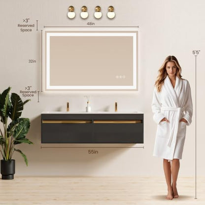 48"x32" LED Bathroom Mirror with Anti-Fog, Backlit & Front Lights, Memory