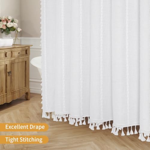 Boho Striped Tassel Linen Shower Curtain,3D Embroidery Stripe White,54x78